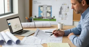 Construction project manager reviewing a printed schedule of values sheet on a desk with blueprints, laptop, and hotel building plans in the background.