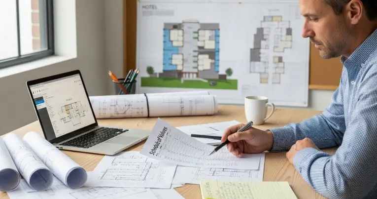 Construction project manager reviewing a printed schedule of values sheet on a desk with blueprints, laptop, and hotel building plans in the background.