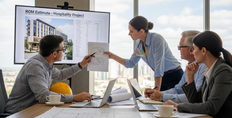 Construction team reviewing ROM estimate for hospitality project