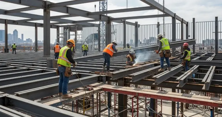 Construction workers installing steel joists for a multi-story hotel floor system with beams, scaffolding, and partially completed structure visible