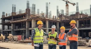 Hotel construction foreman managing subcontractors on site