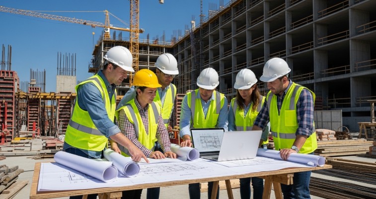 Hotel construction team reviewing RFI drawings on site