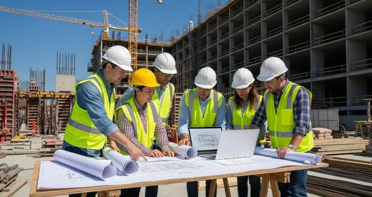 Hotel construction team reviewing RFI drawings on site
