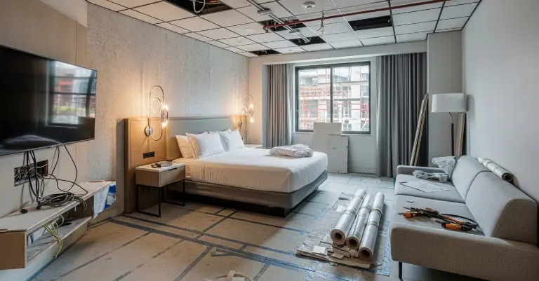 Hotel guest room interior showing FF&E in construction with installed bed, lighting fixtures, sofa, and TV in a modern hospitality project