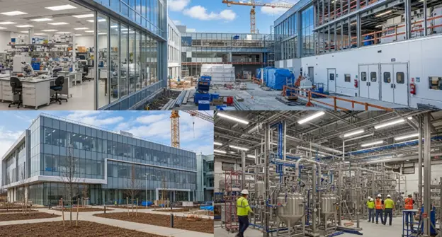 Modern life science commercial construction project with biotech labs, cleanrooms, and pharmaceutical facility infrastructure