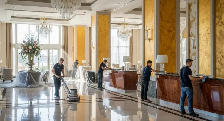 Post construction cleaning in luxury hotel lobby before opening