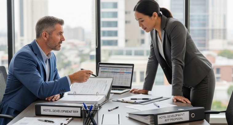 Construction contractors reviewing hotel development RFP proposal