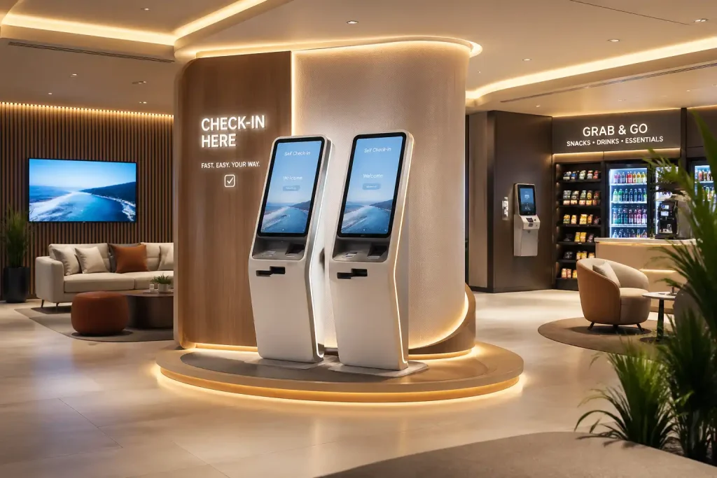 hotel lobby design featuring self-service kiosks and smart lighting to reduce staffing costs.