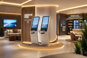 hotel lobby design featuring self-service kiosks and smart lighting to reduce staffing costs.