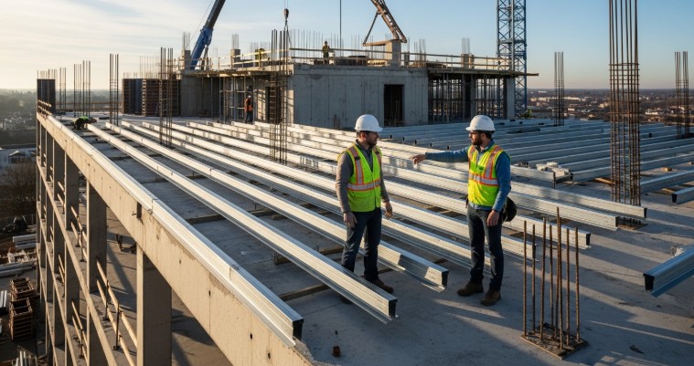 Realistic construction site showing steel roof purlins being installed on a hotel building structure with engineers inspecting alignment during hotel construction process.