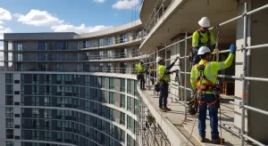 construction workers installing safety harnesses and guardrails on a multi-story hotel building during façade work to ensure fall protection compliance