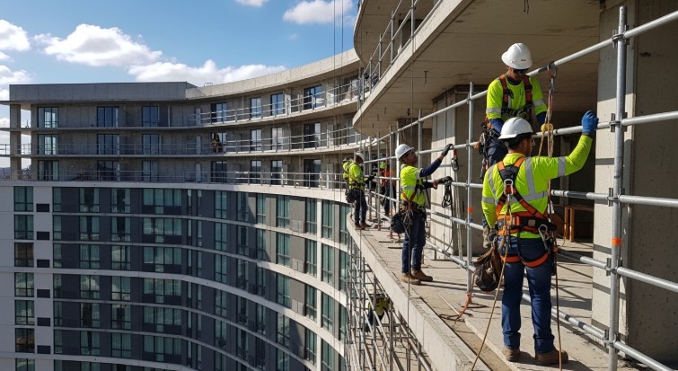 construction workers installing safety harnesses and guardrails on a multi-story hotel building during façade work to ensure fall protection compliance