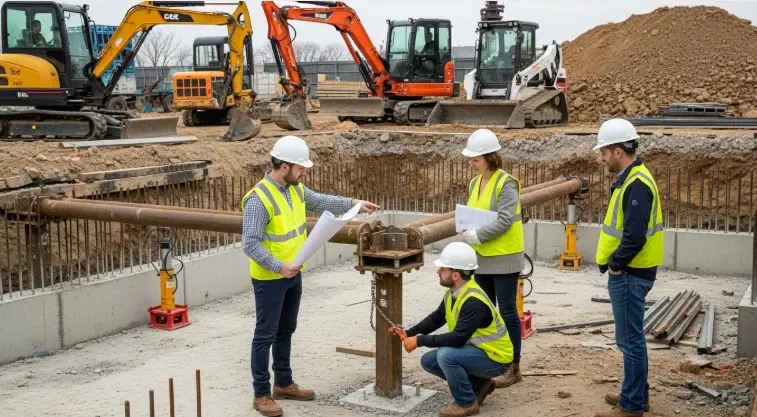 Structural engineers inspecting foundation underpinning work at a hotel construction site with exposed footing, steel supports, and excavation equipment.