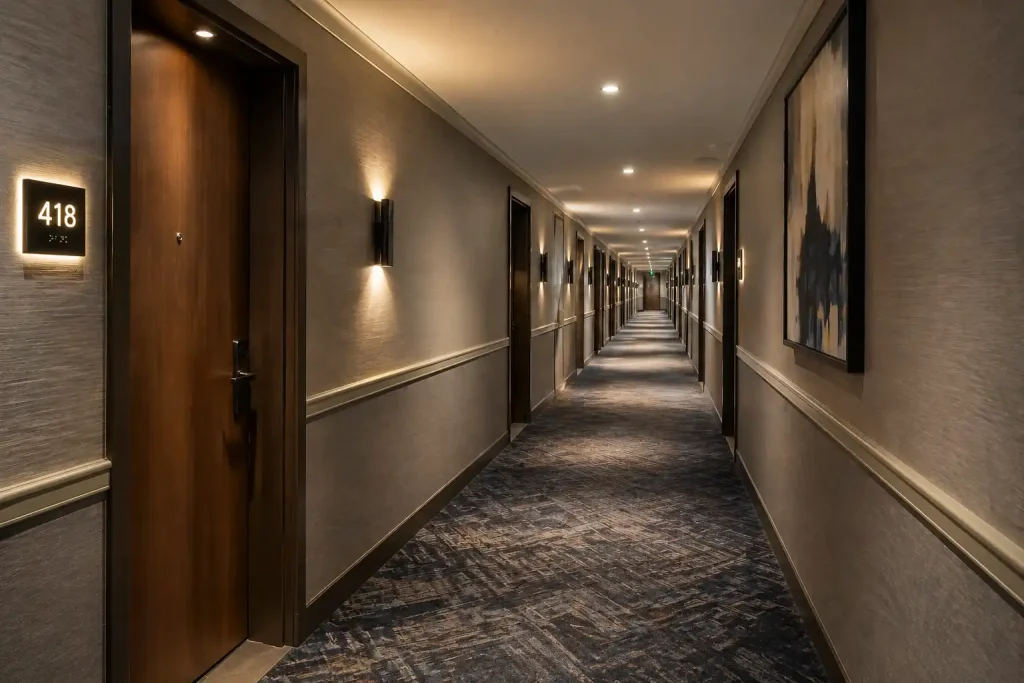 Modern hotel corridor renovation featuring patterned carpet, LED wall sconces, and backlit ADA room signage.