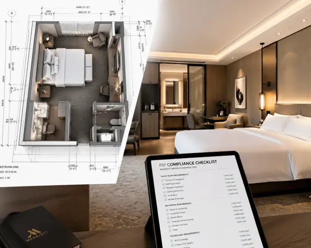 Marriott PIP Requirements 2026 compliance guide showing hotel guestroom renovation and modern brand standards.