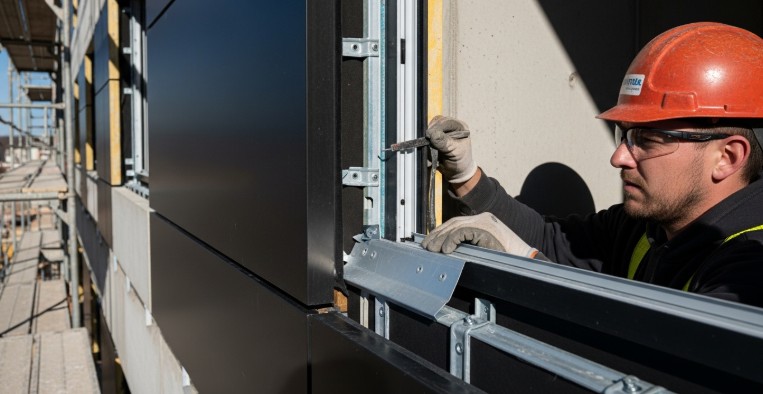 Close-up construction site view of a worker installing metal flashing around hotel windows and façade joints on a multi-story building to prevent water leakage and protect structure