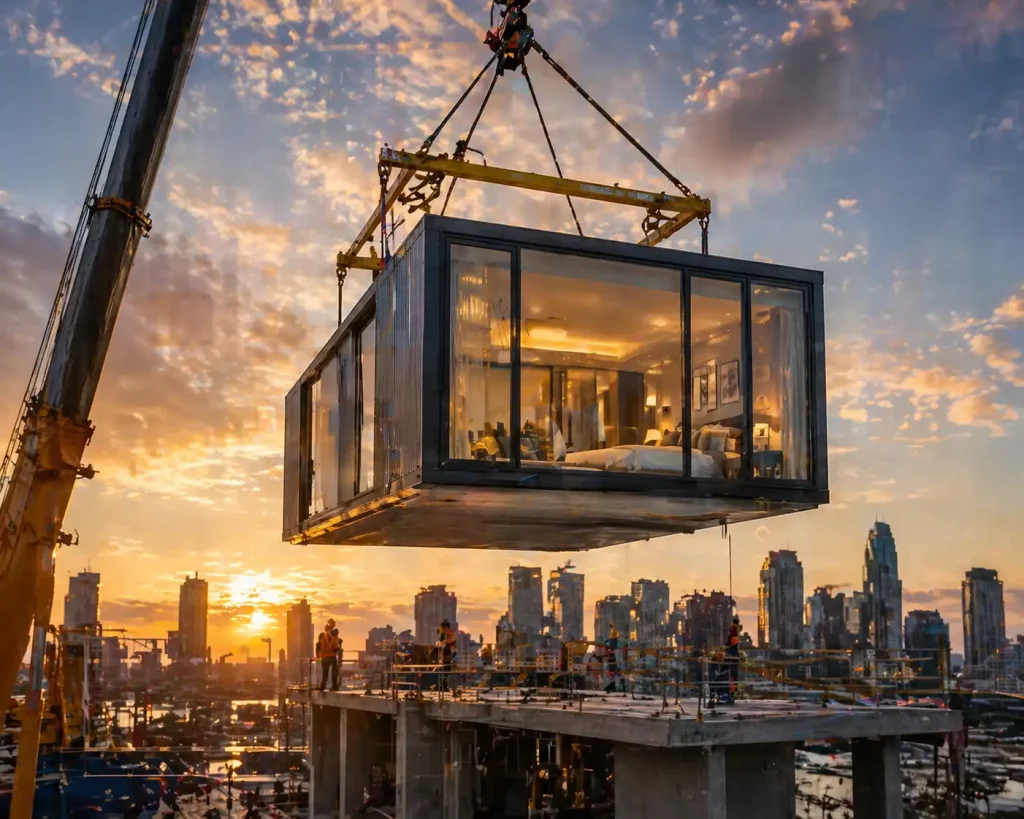 Modular guestroom pod being installed on a hotel construction site to reduce timeline by 40 percent.