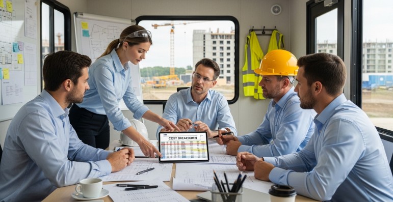 A realistic construction site office showing architects and hotel developers reviewing blueprints, cost breakdown sheets, and digital tablets discussing soft costs in construction for a hotel project.