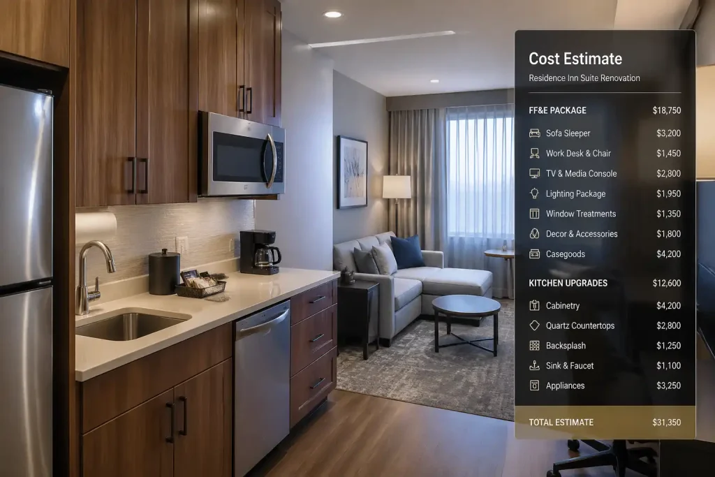 Residence Inn renovation cost breakdown showing a modern suite kitchen and living area design for 2026.