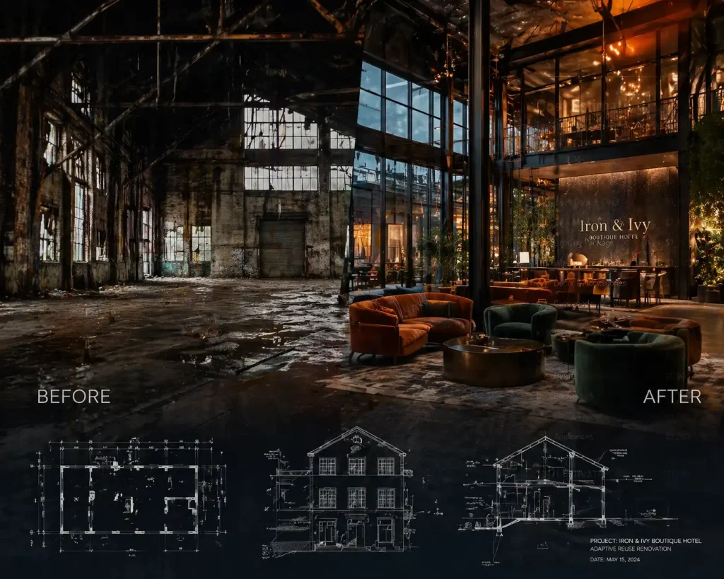 Adaptive reuse project showing the conversion of an abandoned industrial warehouse into a luxury boutique hotel.